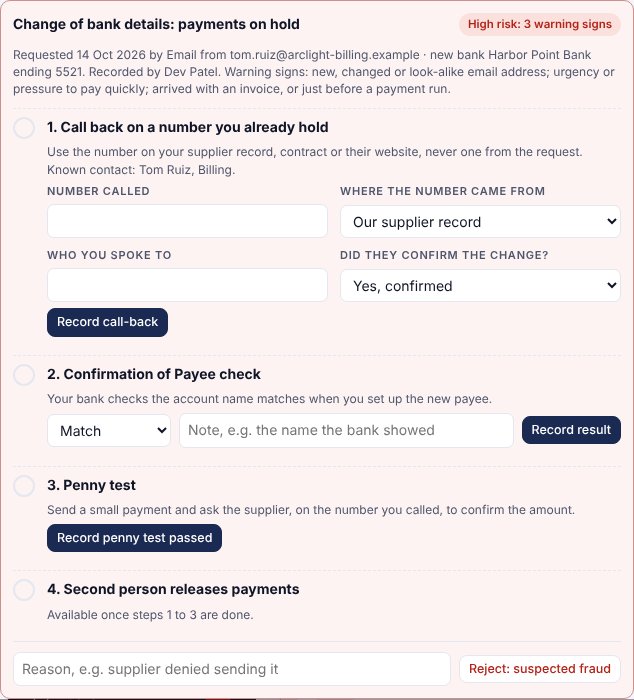 A change of bank details request with payments on hold and three verification steps completed