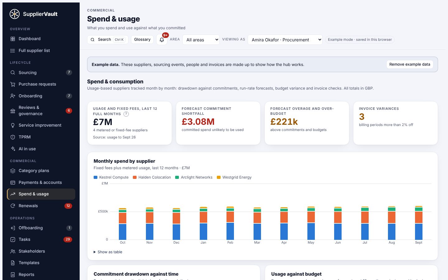 The dashboard showing actual spend by area, currency exposure and suppliers by residual risk